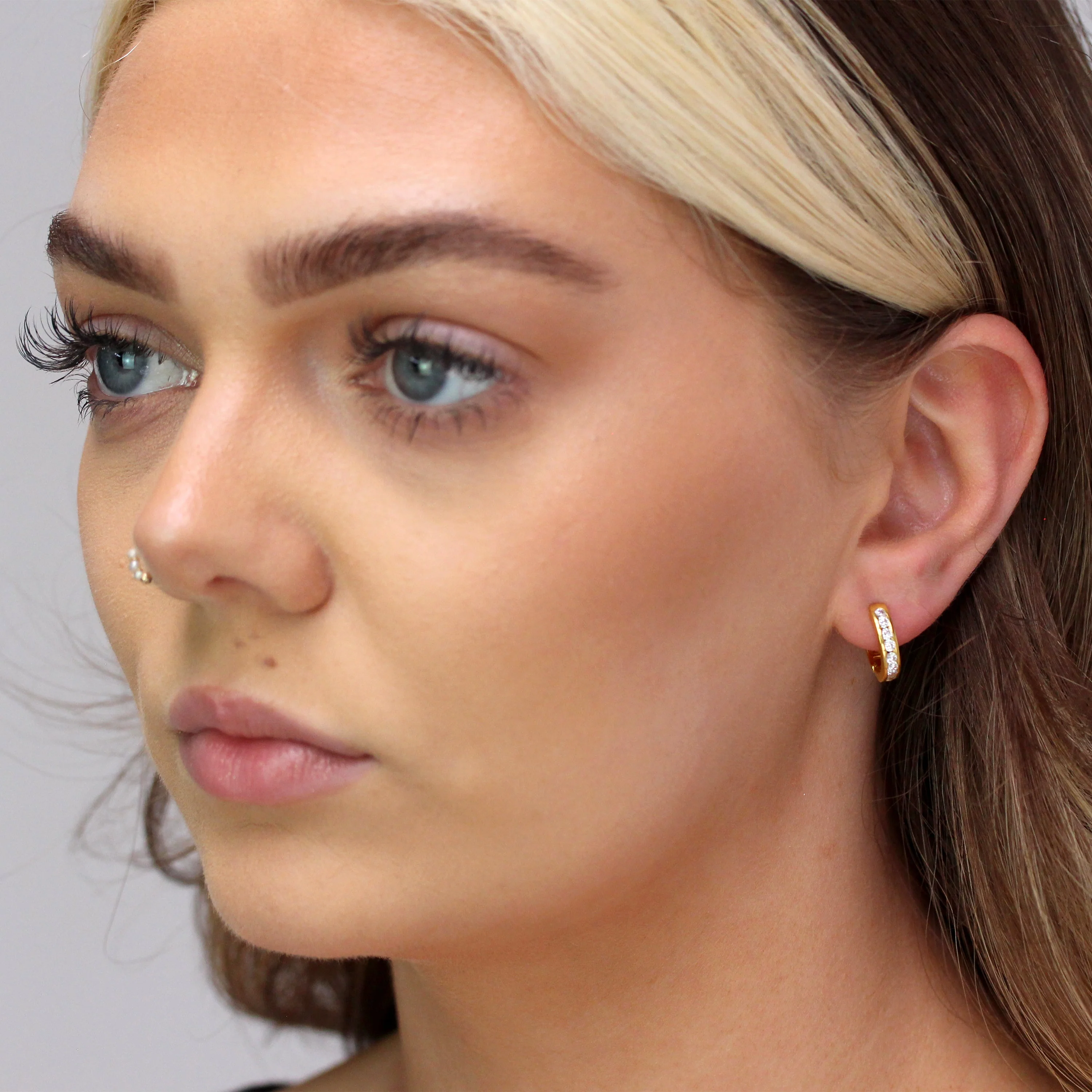 Gold Plated Sterling Silver CZ Channel Set Huggie 14mm Hoop Earrings - Image 3