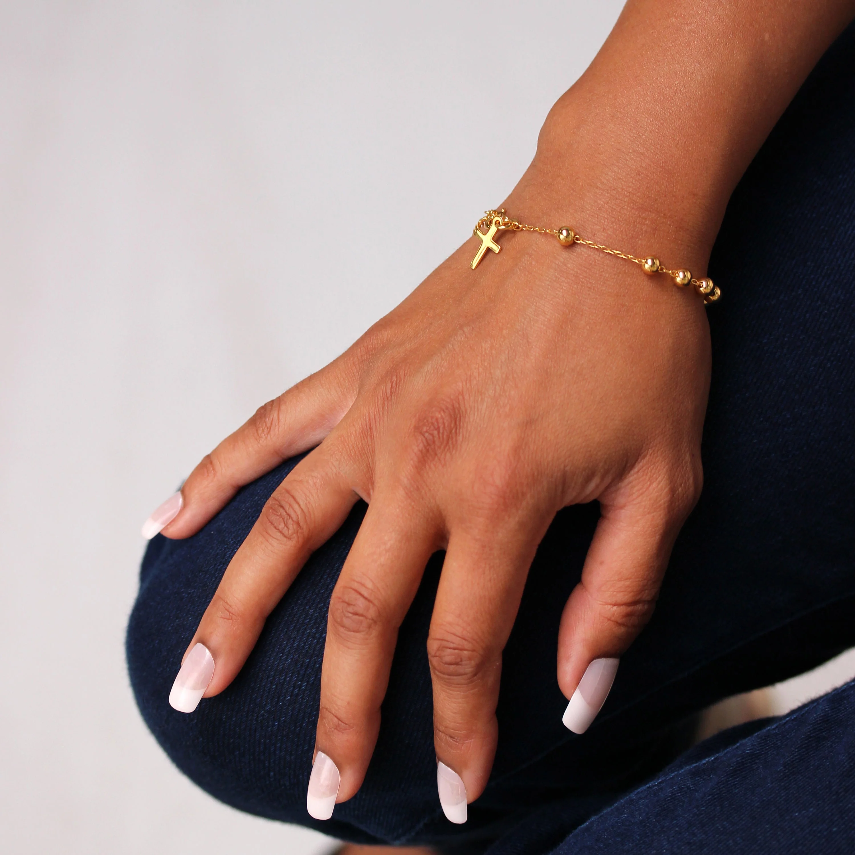 Heavy Gold Plated Sterling Silver Rosary Bead Bracelet - 6.5 Inches + 1 Inch Extender - Image 3