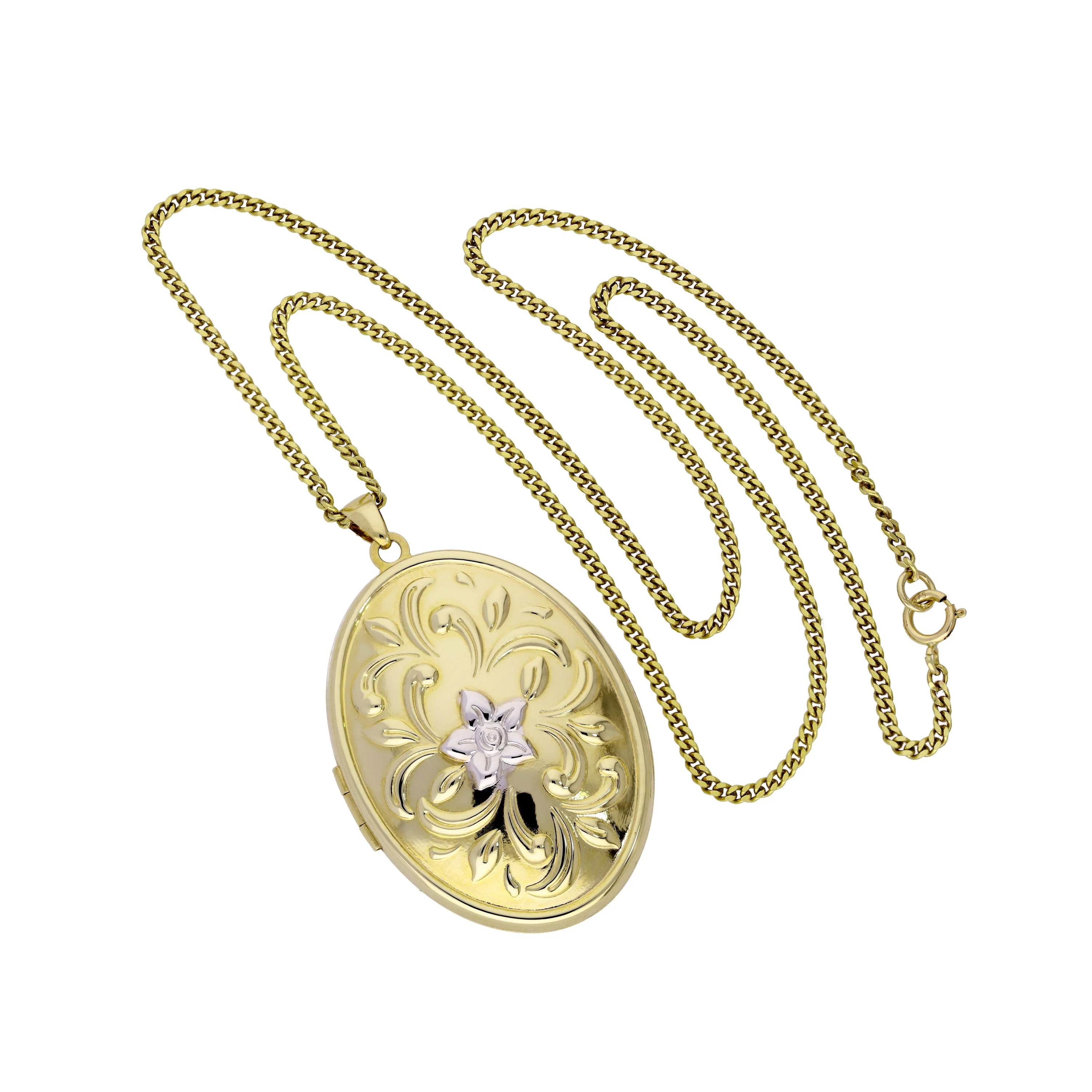 Large 9ct Gold Oval Locket w White Gold Floral Design on Chain 16 - 20 Inches - Image 3
