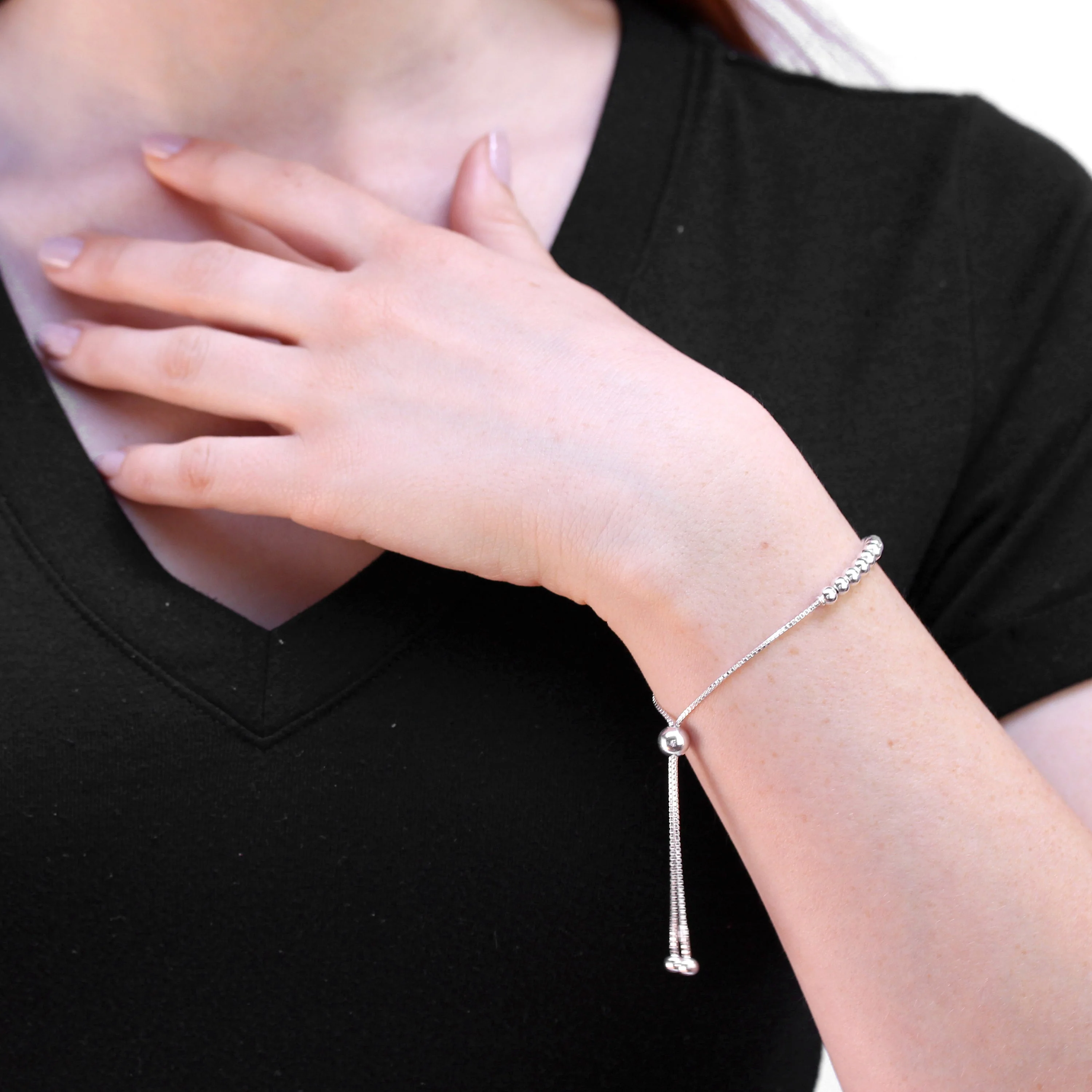 Sterling Silver Box Chain & Large Bead Chain Adjustable Bracelet - Image 3