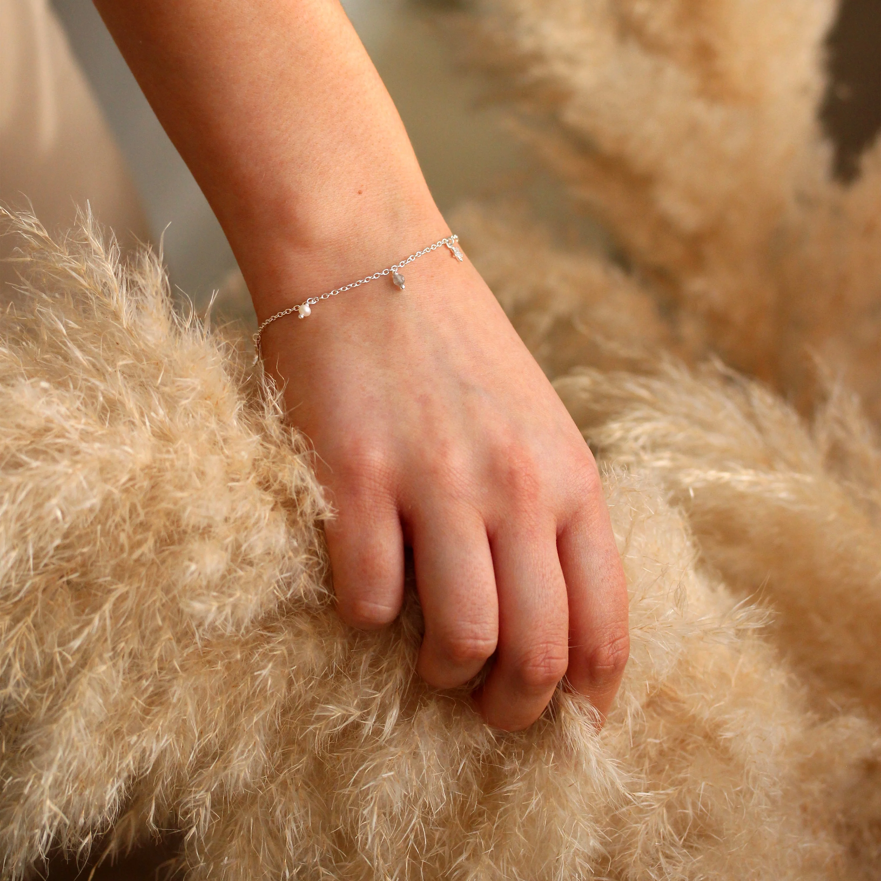 Sterling Silver Freshwater Pearl Charm CZ Star Moon Bracelet - Image 3