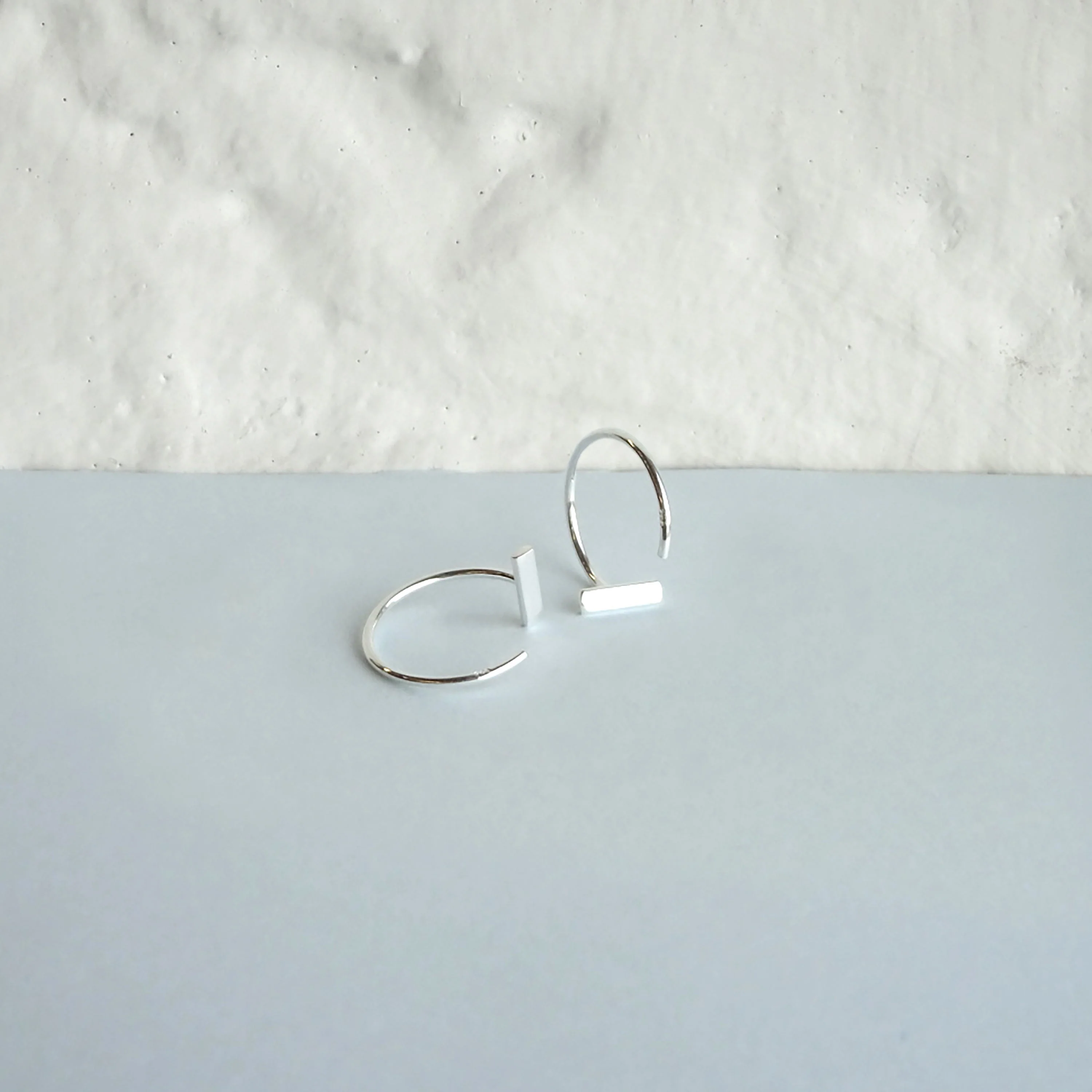 Sterling Silver Minimalist Flat Rectangle Bar Pull Through Open Hoop Earrings - Image 3