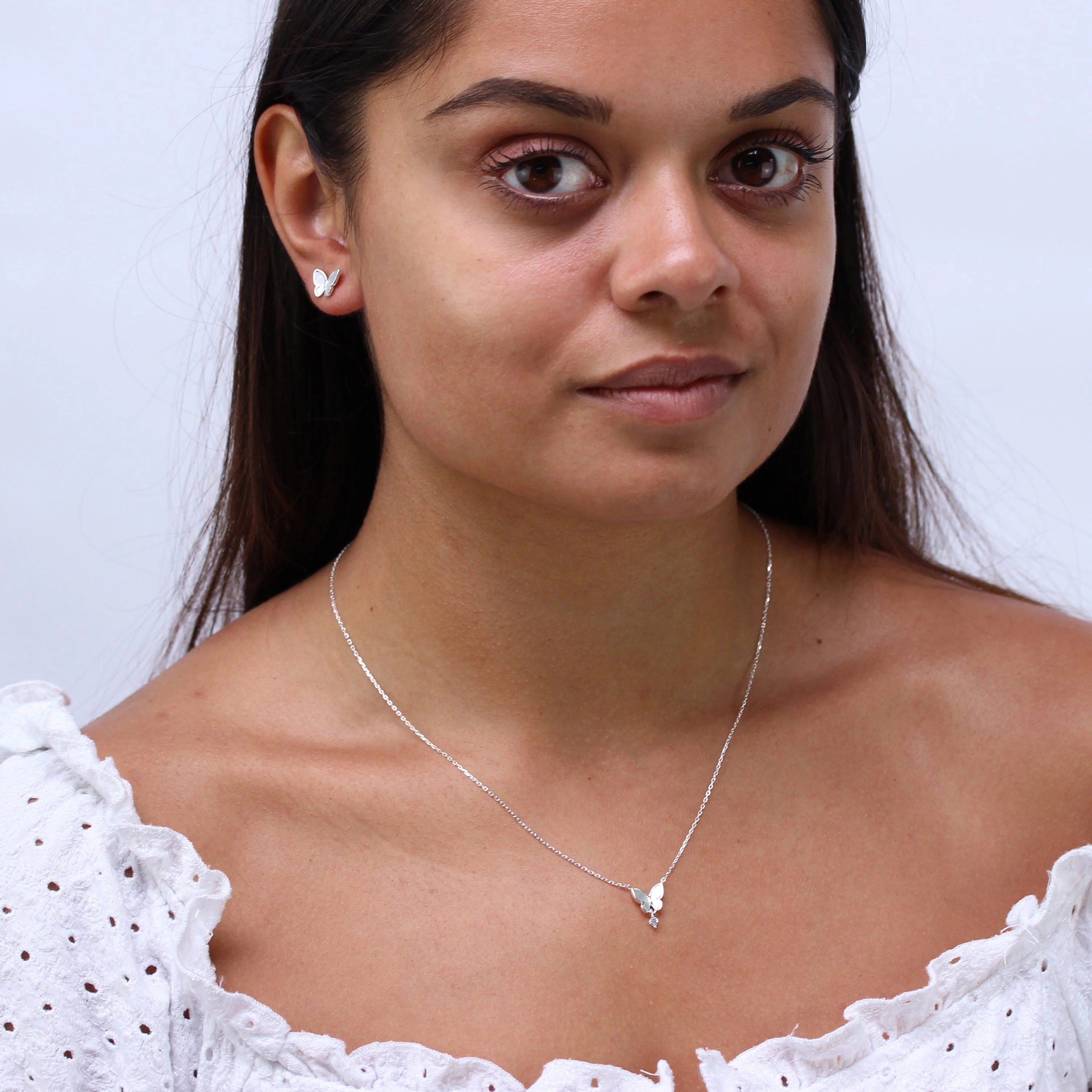 Sterling Silver Mother of Pearl Butterfly CZ Necklace 18 Inch - Image 3